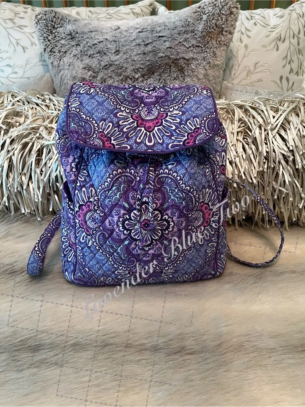 VERA BRADLEY Lilac Tapestry 2016 Lighten Up Drawstring Flap Backpack Purple Pink